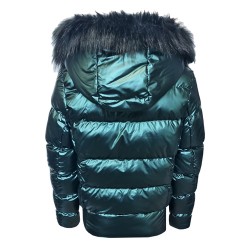Дамско пухено яке с качулка, City Angels Jeans, тъмнозелен лак, 6827